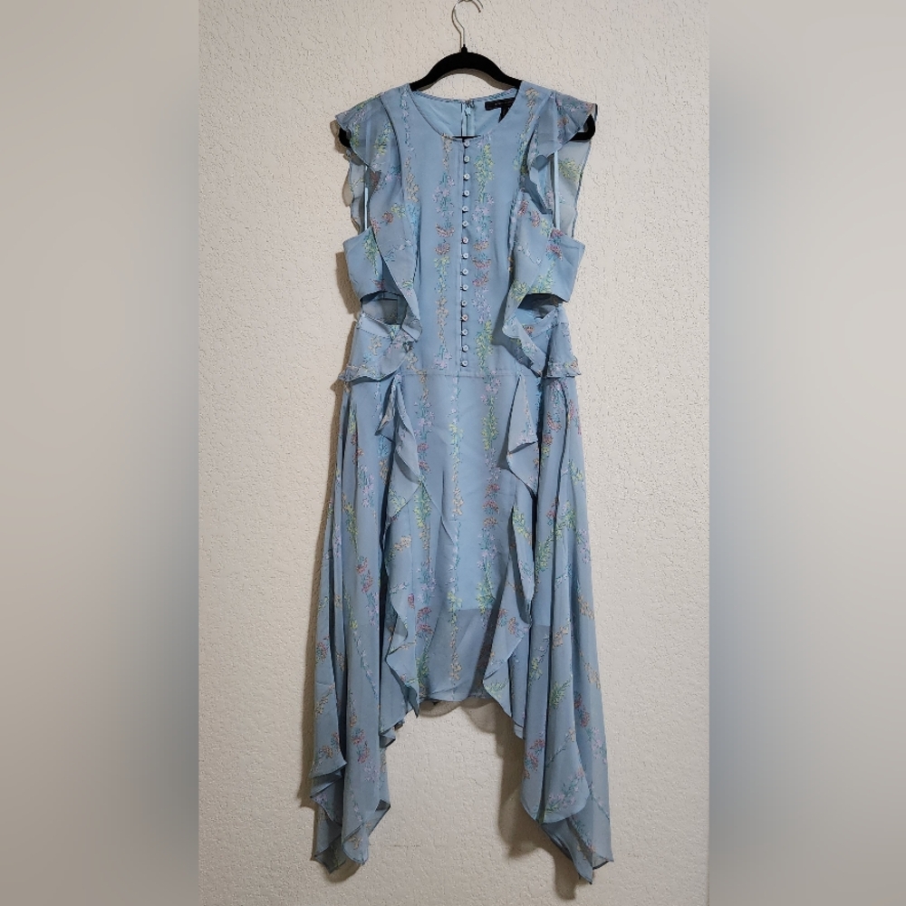 BCBGMaxAzria Light Blue Floral High Low Cut-out Dress Size 10